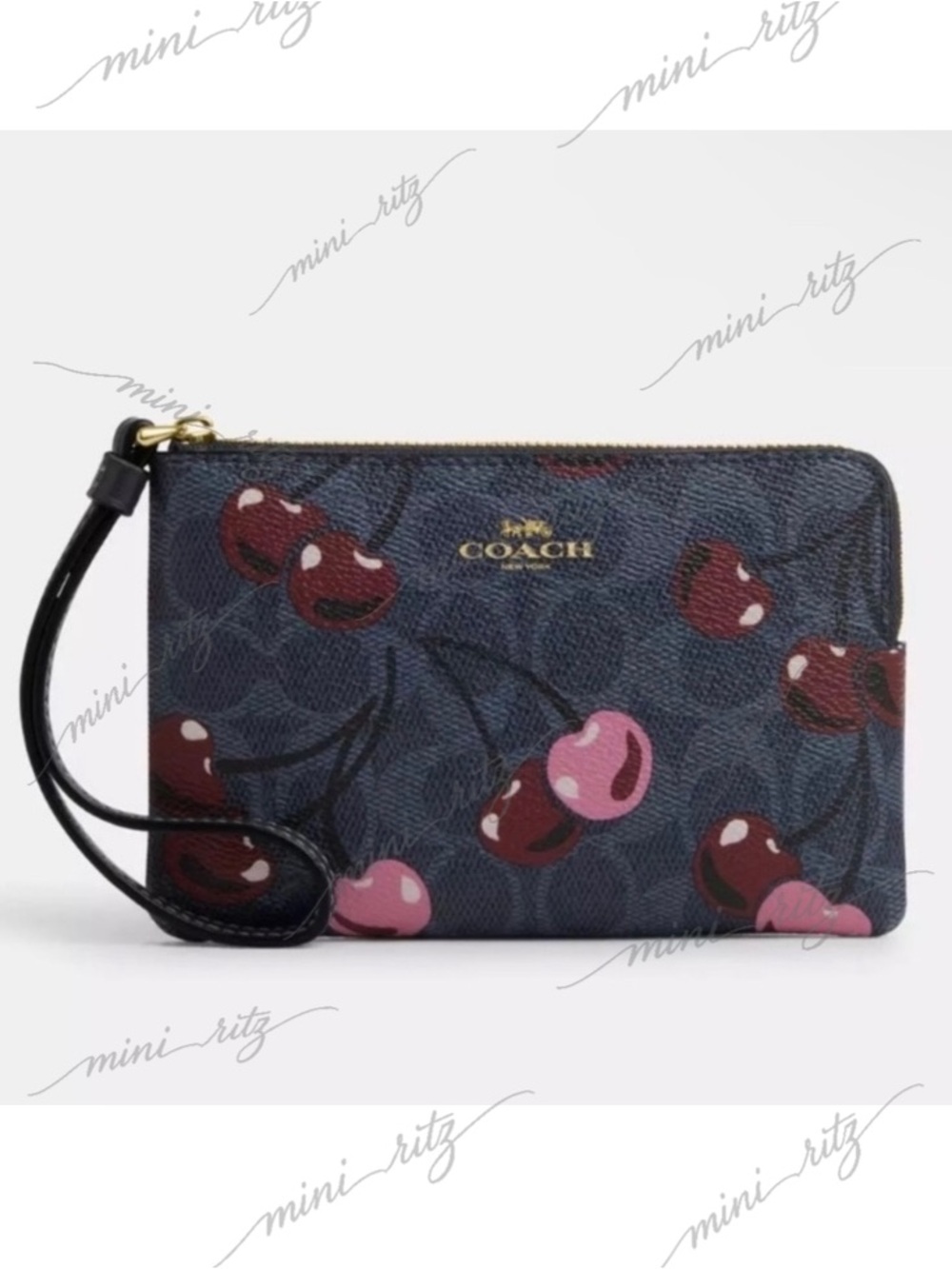 Coach Blue and Pink Signature Cherry Corner Zip Denim Wristlet NWT